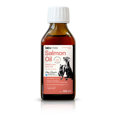 Lab-v Salmon Oil - Olej z łososia 100% dla psa i kota 100 ml w szklanej butelce