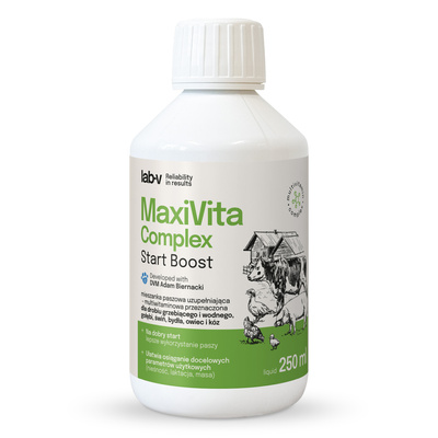 Lab-v MaxiVita Complex - mieszanka paszowa uzupełniająca – multiwitaminowa, w formie płynnej, przeznaczona dla drobiu grzebiącego, drobiu wodnego, gołębi, świń, bydła, owiec i kóz 250 ml