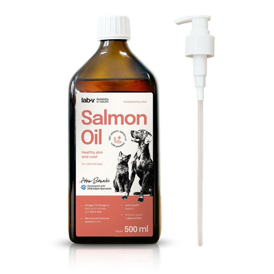 Lab-v Salmon Oil - Olej z łososia 100% dla psa i kota 500 ml w szklanej butelce + pompka