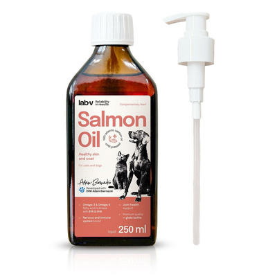 Lab-v Salmon Oil Olej z łososia 100% dla psa i kota 250 ml w szklanej butelce + pompka